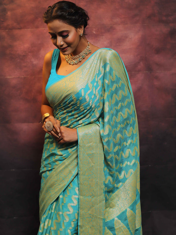 Banarasee Handwoven Pure Chiffon Saree With Zari-Blue