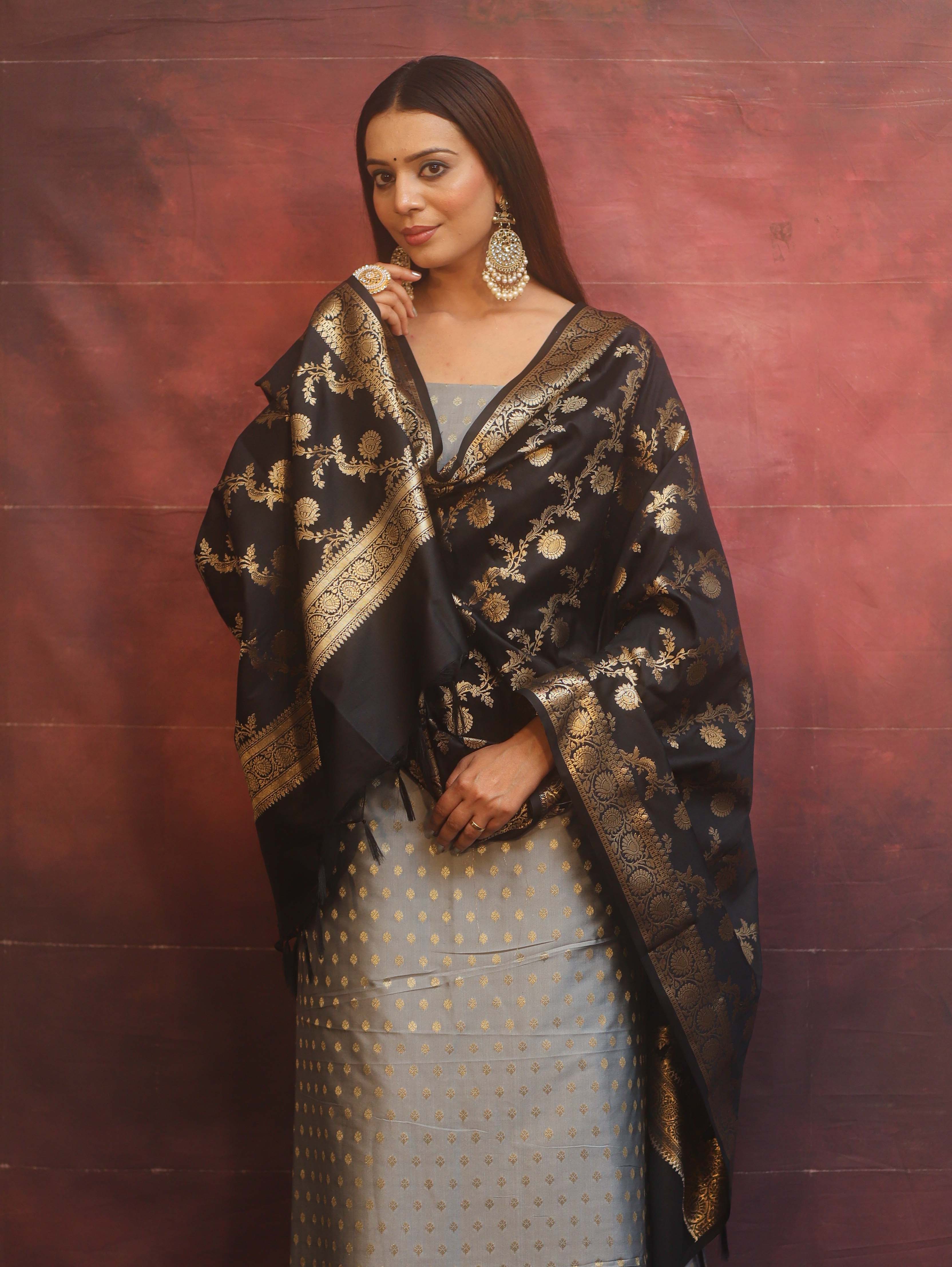 Banarasee Semi-Silk Salwar Kameez Fabric With Contrast Dupatta Set-Grey & Black