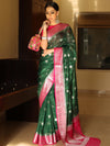 Banarasee Semi-Chiffon Saree With Silver Zari & Contrast Border Design-Green & Pink