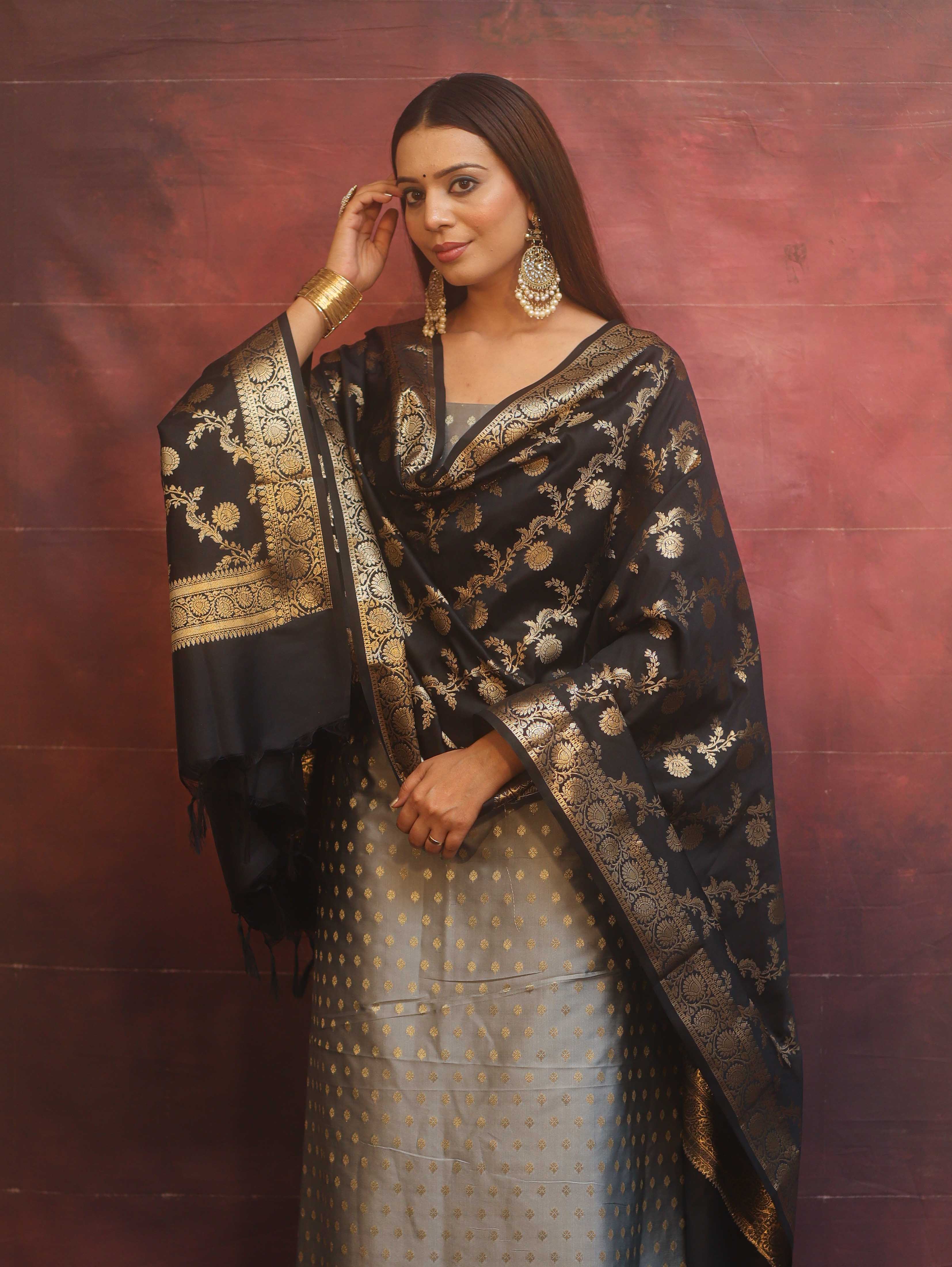 Banarasee Semi-Silk Salwar Kameez Fabric With Contrast Dupatta Set-Grey & Black