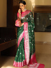 Banarasee Semi-Chiffon Saree With Silver Zari & Contrast Border Design-Green & Pink
