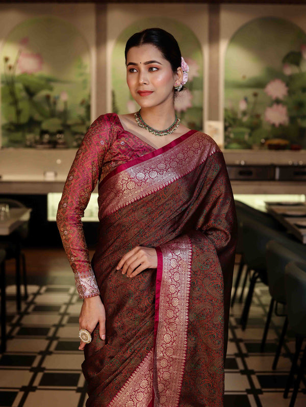 Banarasee Jamewar Tanchoi Soft Silk Saree with Contrast Border-Brown & Magenta