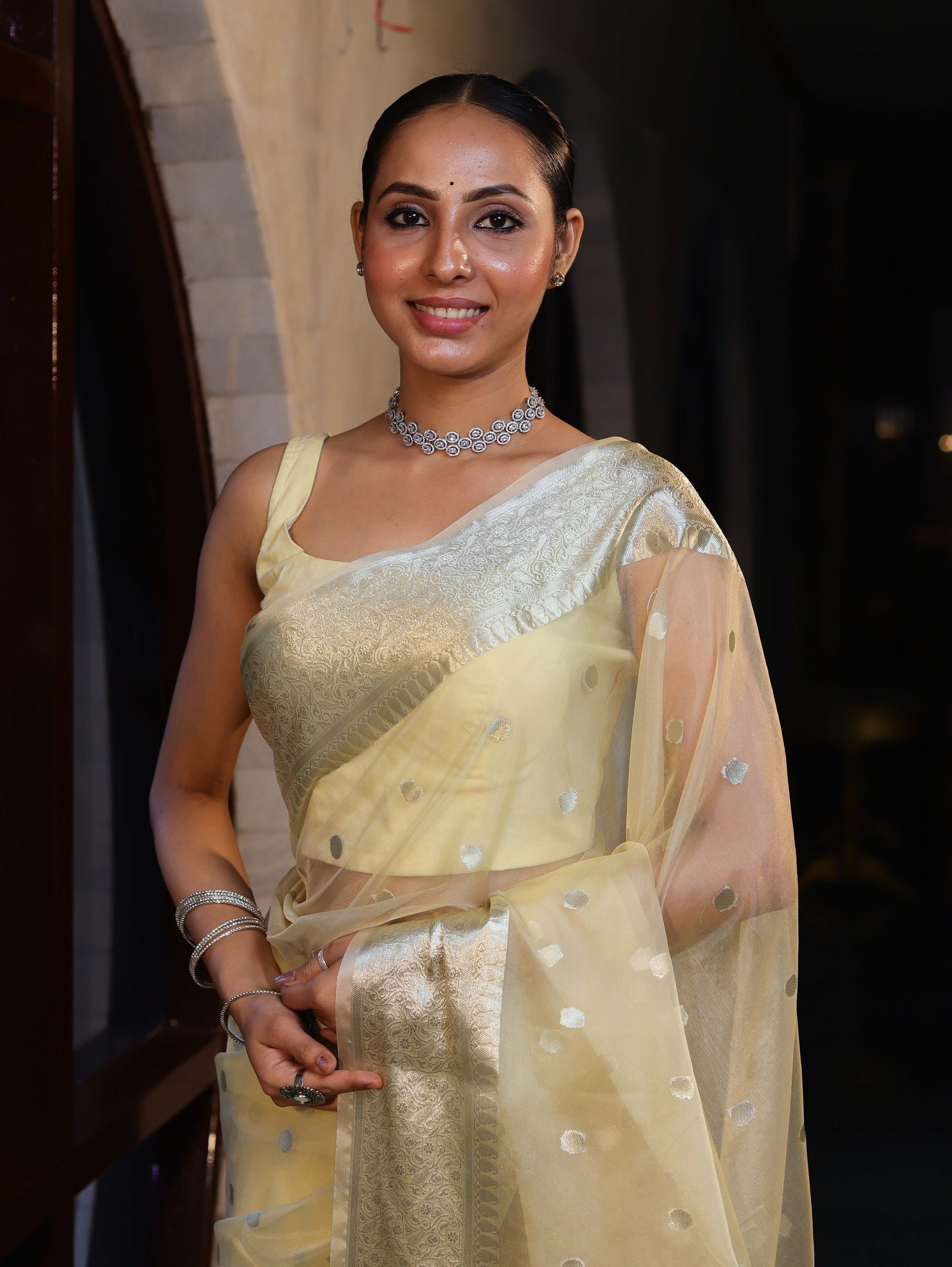 Banarasee Organza Mix Saree With Silver Zari Buti Design & Border-Light Yellow