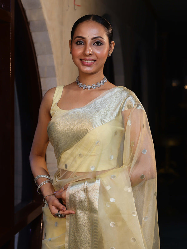 Banarasee Organza Mix Saree With Silver Zari Buti Design & Border-Light Yellow