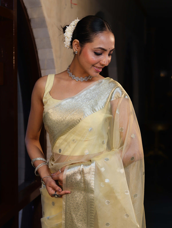 Banarasee Organza Mix Saree With Silver Zari Buti Design & Border-Light Yellow