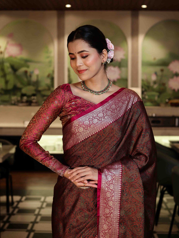 Banarasee Jamewar Tanchoi Soft Silk Saree with Contrast Border-Brown & Magenta