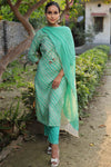 Banarasee Muslin Silk Kurta Pants With Chiffon Dupatta Suit Set-Green