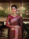 Banarasee Jamewar Tanchoi Soft Silk Saree with Contrast Border-Brown & Magenta