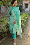 Banarasee Muslin Silk Kurta Pants With Chiffon Dupatta Suit Set-Green