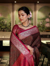 Banarasee Jamewar Tanchoi Soft Silk Saree with Contrast Border-Brown & Magenta