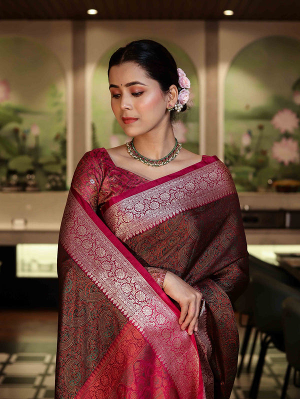 Banarasee Jamewar Tanchoi Soft Silk Saree with Contrast Border-Brown & Magenta
