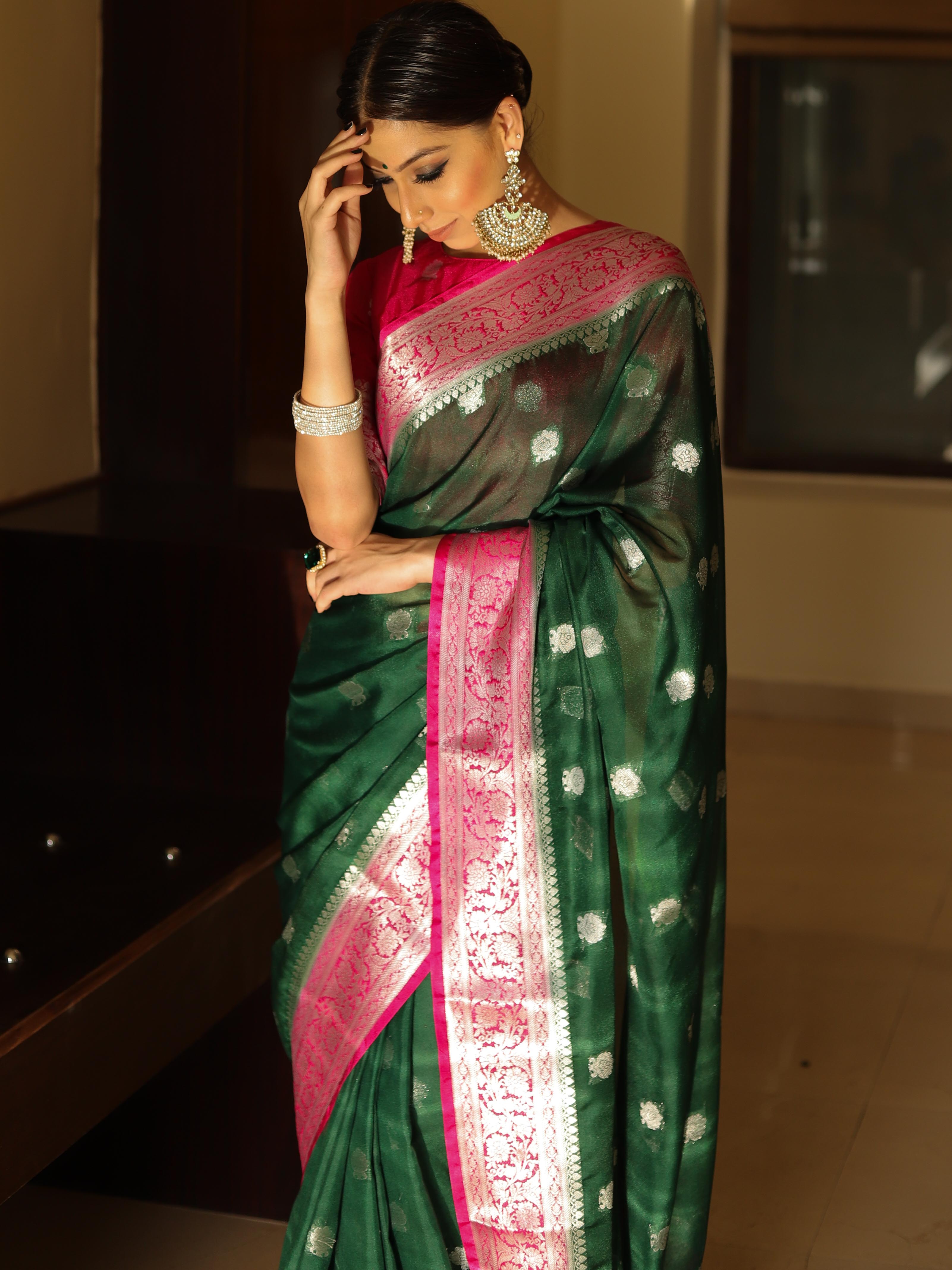 Banarasee Semi-Chiffon Saree With Silver Zari & Contrast Border Design-Green & Pink