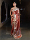 Banarasee Handwoven Plain Tissue Saree With Gold Zari Border & Lace-Peach