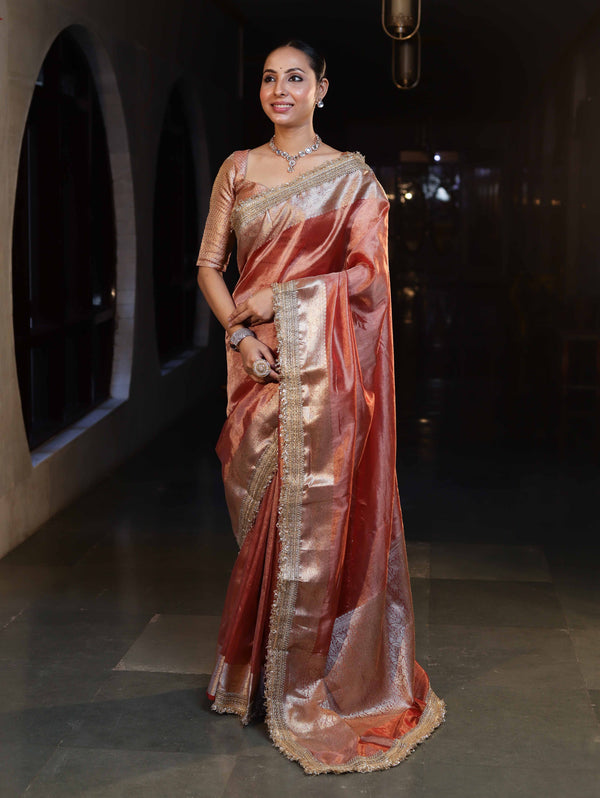 Banarasee Handwoven Plain Tissue Saree With Gold Zari Border & Lace-Peach