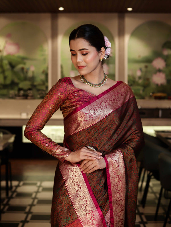 Banarasee Jamewar Tanchoi Soft Silk Saree with Contrast Border-Brown & Magenta