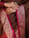 Banarasee Jamewar Tanchoi Soft Silk Saree with Contrast Border-Brown & Magenta