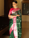 Banarasee Semi-Chiffon Saree With Silver Zari & Contrast Border Design-Green & Pink