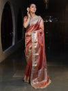Banarasee Handwoven Plain Tissue Saree With Gold Zari Border & Lace-Peach