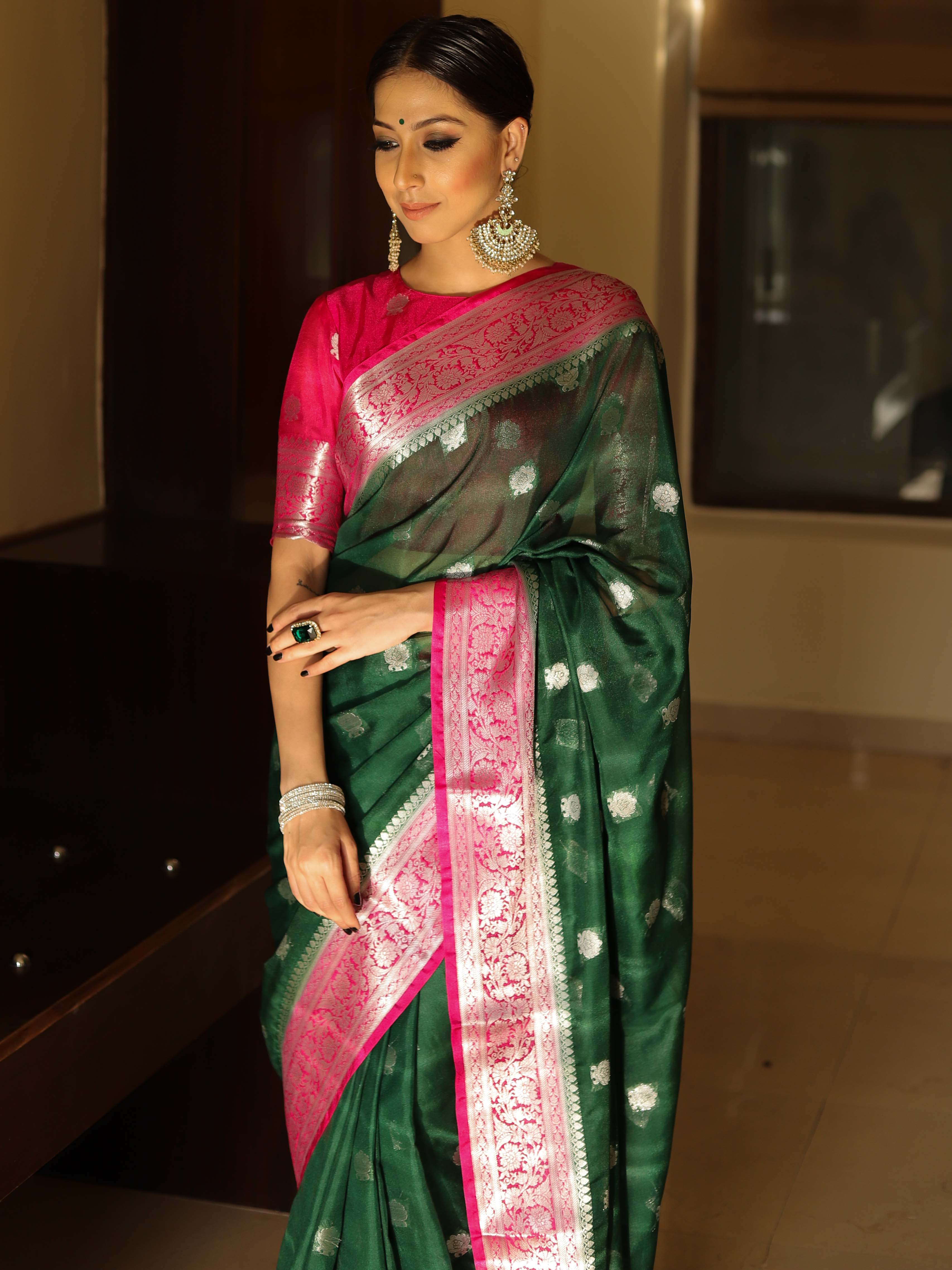 Banarasee Semi-Chiffon Saree With Silver Zari & Contrast Border Design-Green & Pink