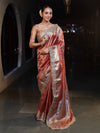 Banarasee Handwoven Plain Tissue Saree With Gold Zari Border & Lace-Peach