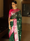 Banarasee Semi-Chiffon Saree With Silver Zari & Contrast Border Design-Green & Pink