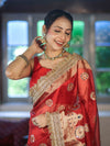 Banarasee Tissue Saree With Hand Embroidered Mirror Work Pearl Motifs & Zari Woven Pallu-Red