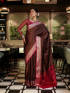 Banarasee Jamewar Tanchoi Soft Silk Saree with Contrast Border-Brown & Magenta