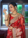 Banarasee Tissue Saree With Hand Embroidered Mirror Work Pearl Motifs & Zari Woven Pallu-Red