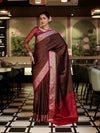 Banarasee Jamewar Tanchoi Soft Silk Saree with Contrast Border-Brown & Magenta