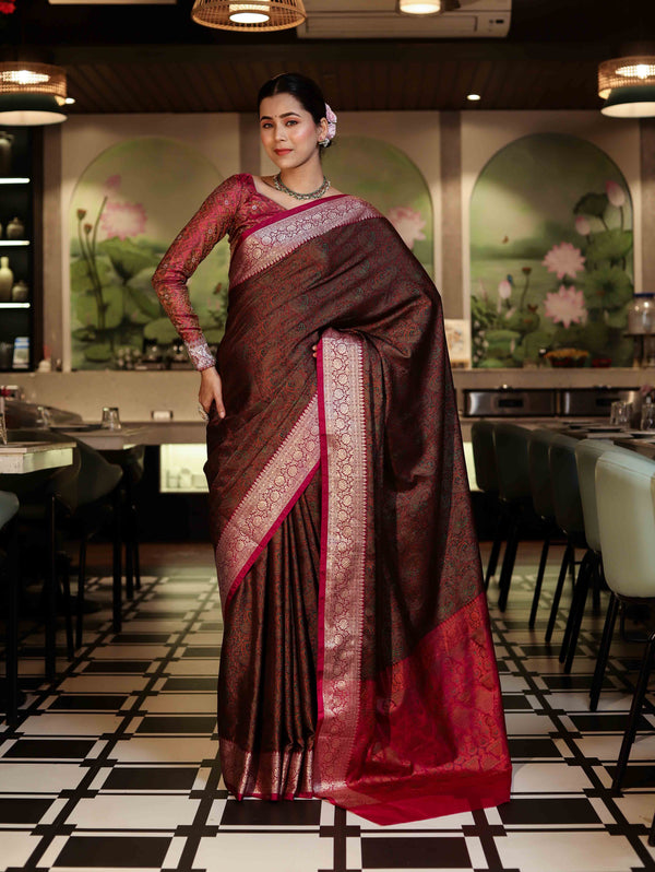 Banarasee Jamewar Tanchoi Soft Silk Saree with Contrast Border-Brown & Magenta