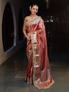 Banarasee Handwoven Plain Tissue Saree With Gold Zari Border & Lace-Peach
