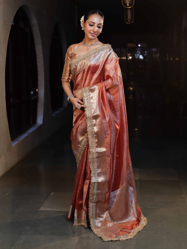 Banarasee Handwoven Plain Tissue Saree With Gold Zari Border & Lace-Peach