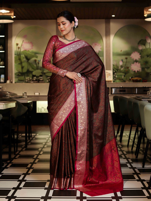 Banarasee Jamewar Tanchoi Soft Silk Saree with Contrast Border-Brown & Magenta