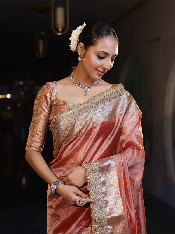 Banarasee Handwoven Plain Tissue Saree With Gold Zari Border & Lace-Peach