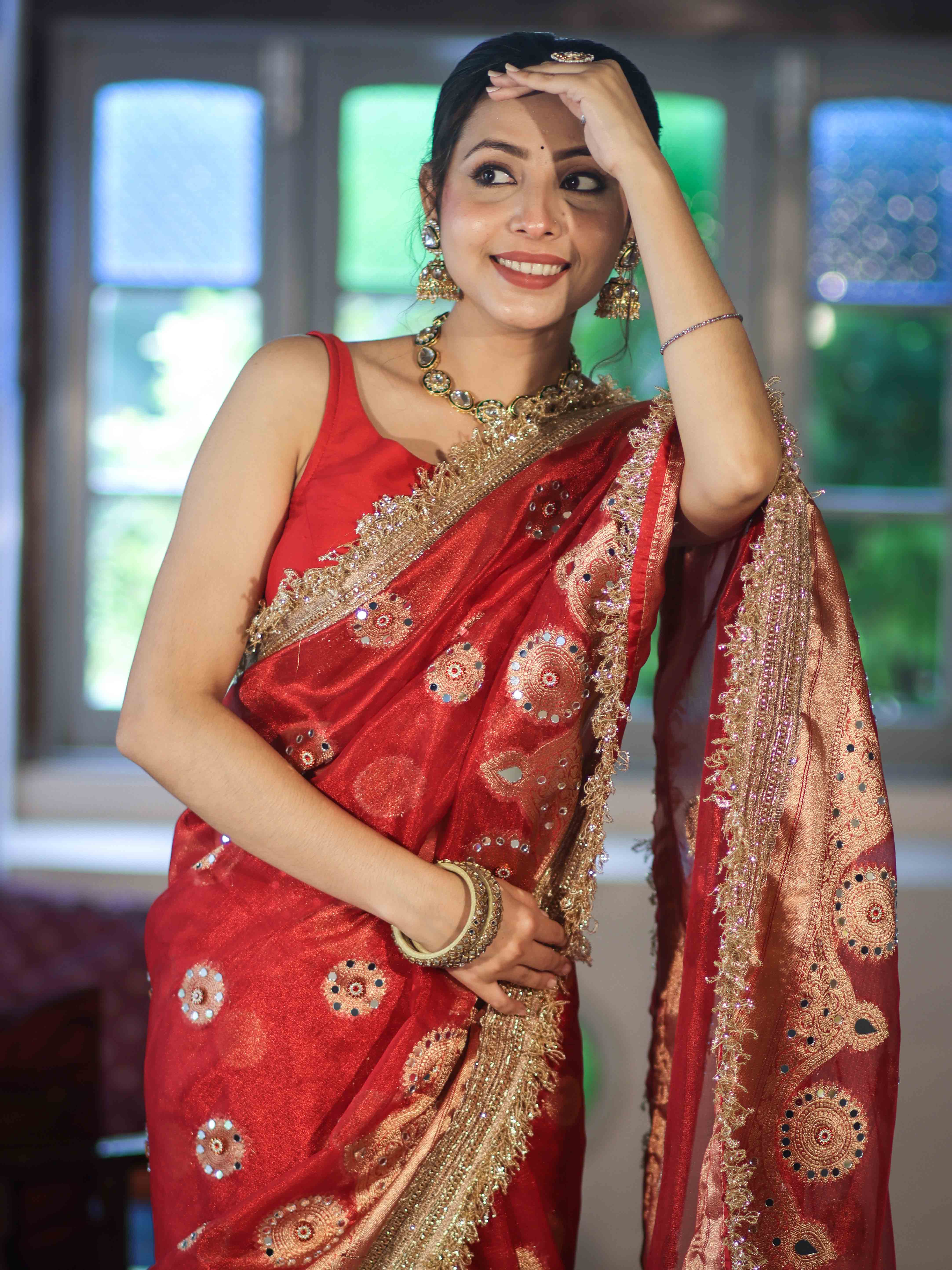 Banarasee Tissue Saree With Hand Embroidered Mirror Work Pearl Motifs & Zari Woven Pallu-Red