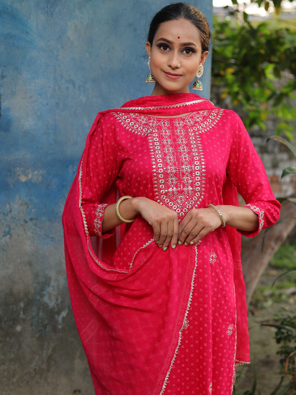 Banarasee Rayon Kurta Pants With Chiffon Dupatta Suit Set-Pink