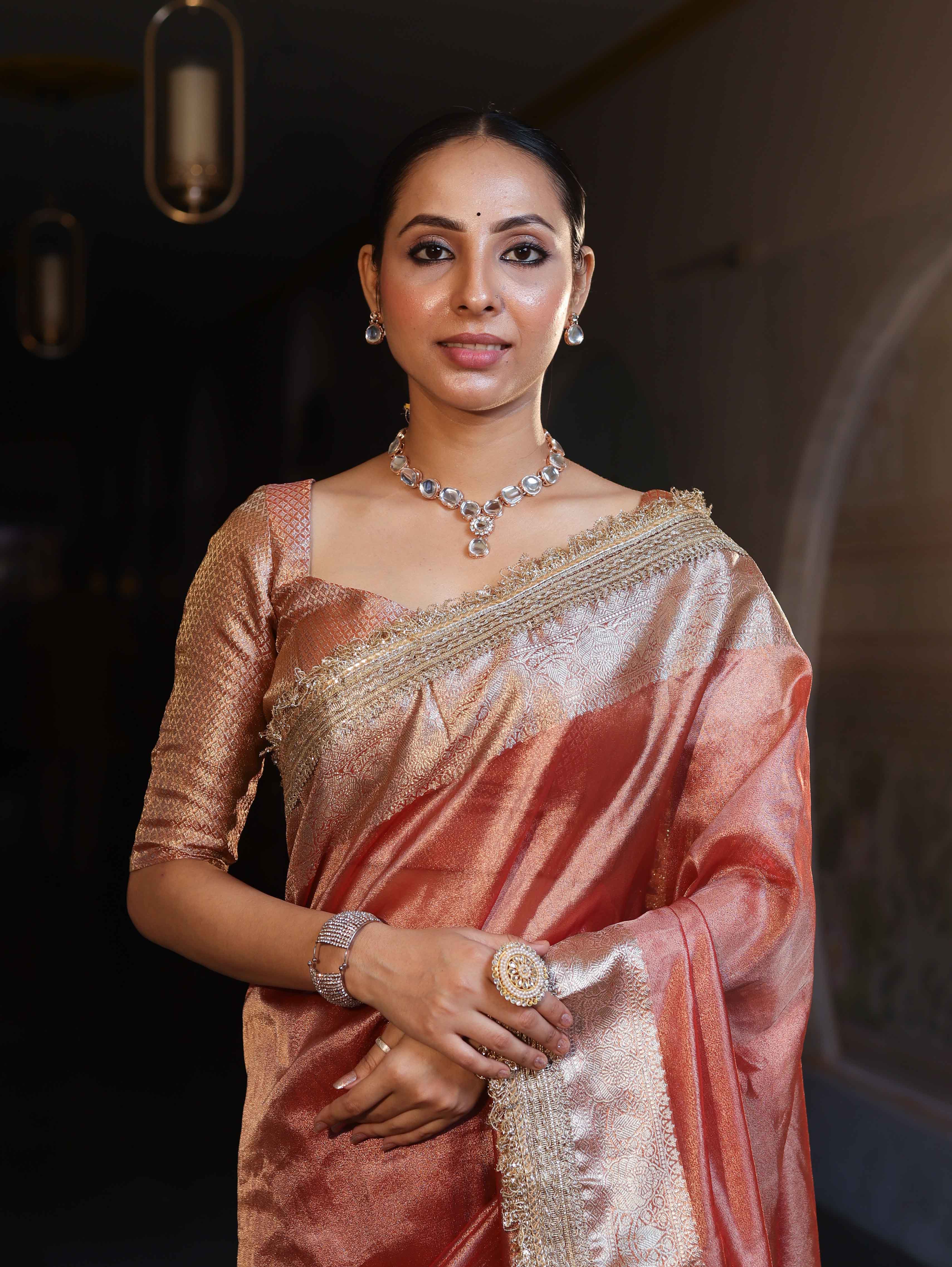 Banarasee Handwoven Plain Tissue Saree With Gold Zari Border & Lace-Peach