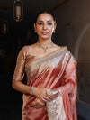 Banarasee Handwoven Plain Tissue Saree With Gold Zari Border & Lace-Peach