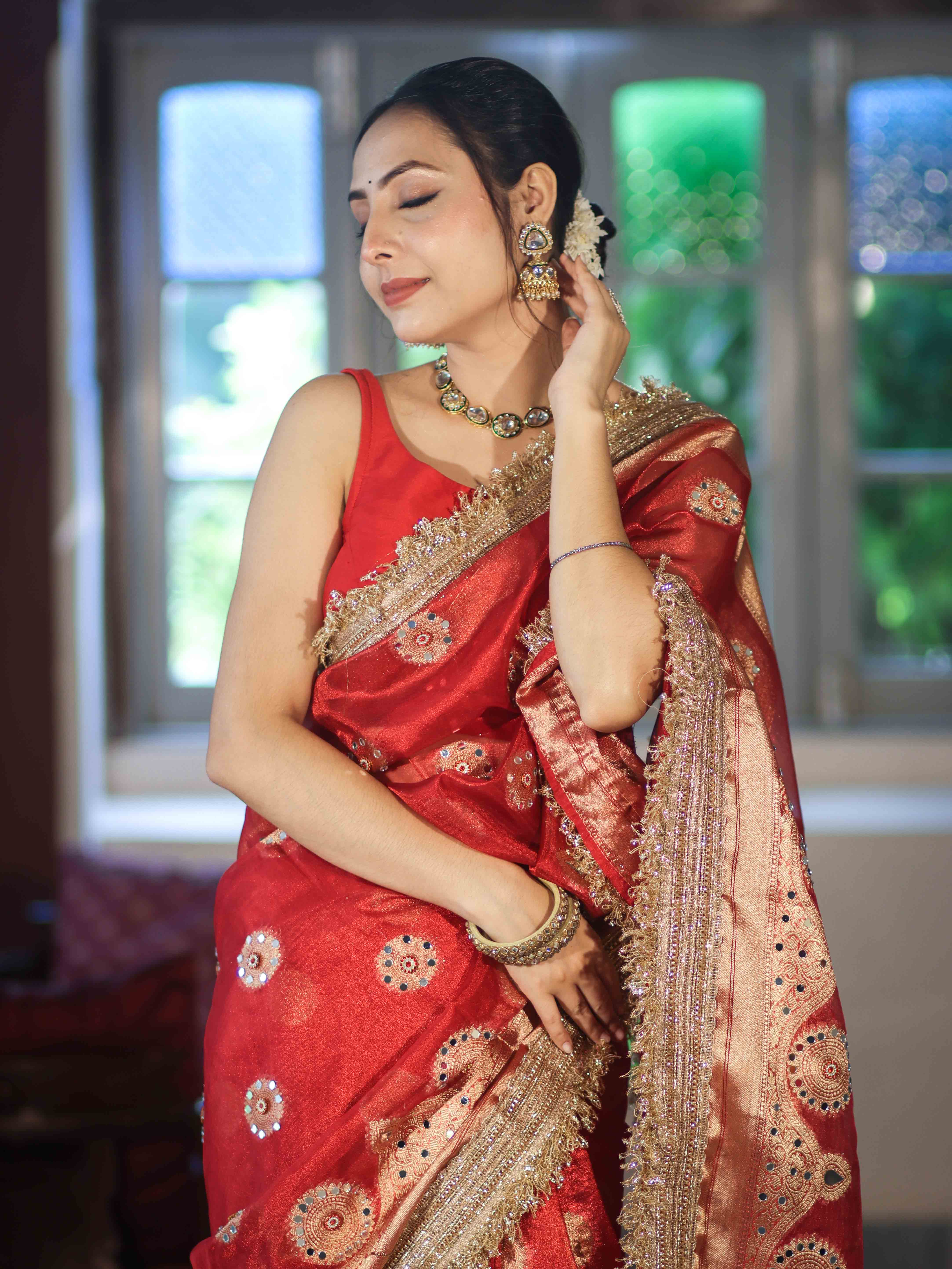 Banarasee Tissue Saree With Hand Embroidered Mirror Work Pearl Motifs & Zari Woven Pallu-Red