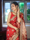 Banarasee Tissue Saree With Hand Embroidered Mirror Work Pearl Motifs & Zari Woven Pallu-Red