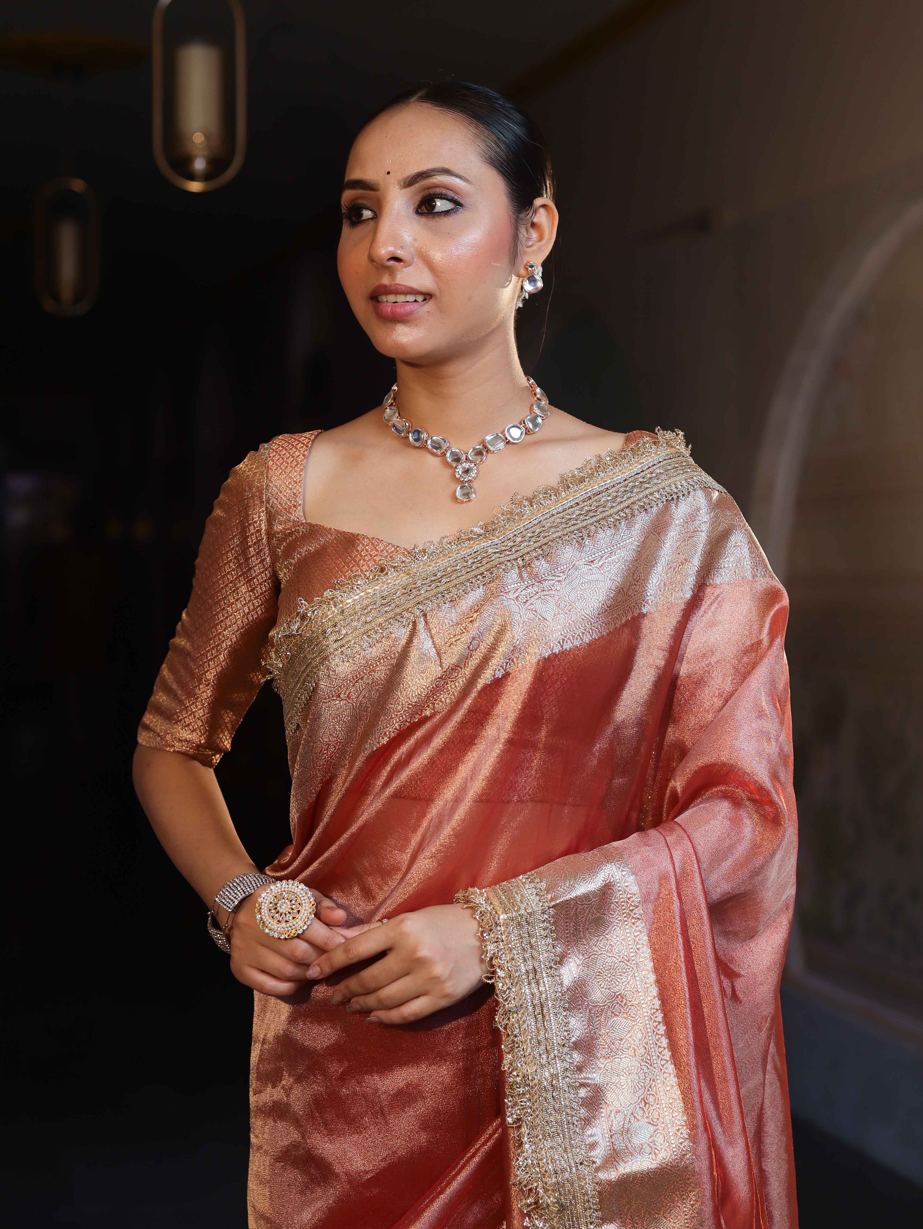 Banarasee Handwoven Plain Tissue Saree With Gold Zari Border & Lace-Peach