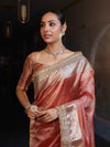 Banarasee Handwoven Plain Tissue Saree With Gold Zari Border & Lace-Peach
