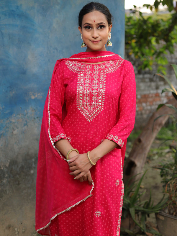 Banarasee Rayon Kurta Pants With Chiffon Dupatta Suit Set-Pink