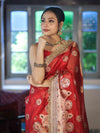Banarasee Tissue Saree With Hand Embroidered Mirror Work Pearl Motifs & Zari Woven Pallu-Red