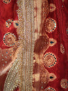 Banarasee Tissue Saree With Hand Embroidered Mirror Work Pearl Motifs & Zari Woven Pallu-Red