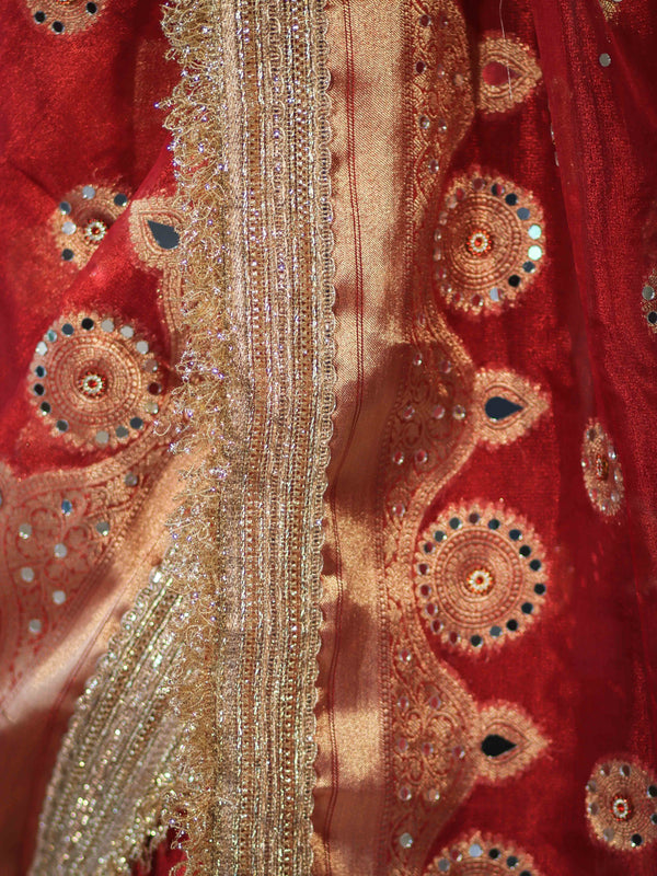 Banarasee Tissue Saree With Hand Embroidered Mirror Work Pearl Motifs & Zari Woven Pallu-Red