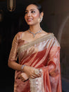 Banarasee Handwoven Plain Tissue Saree With Gold Zari Border & Lace-Peach