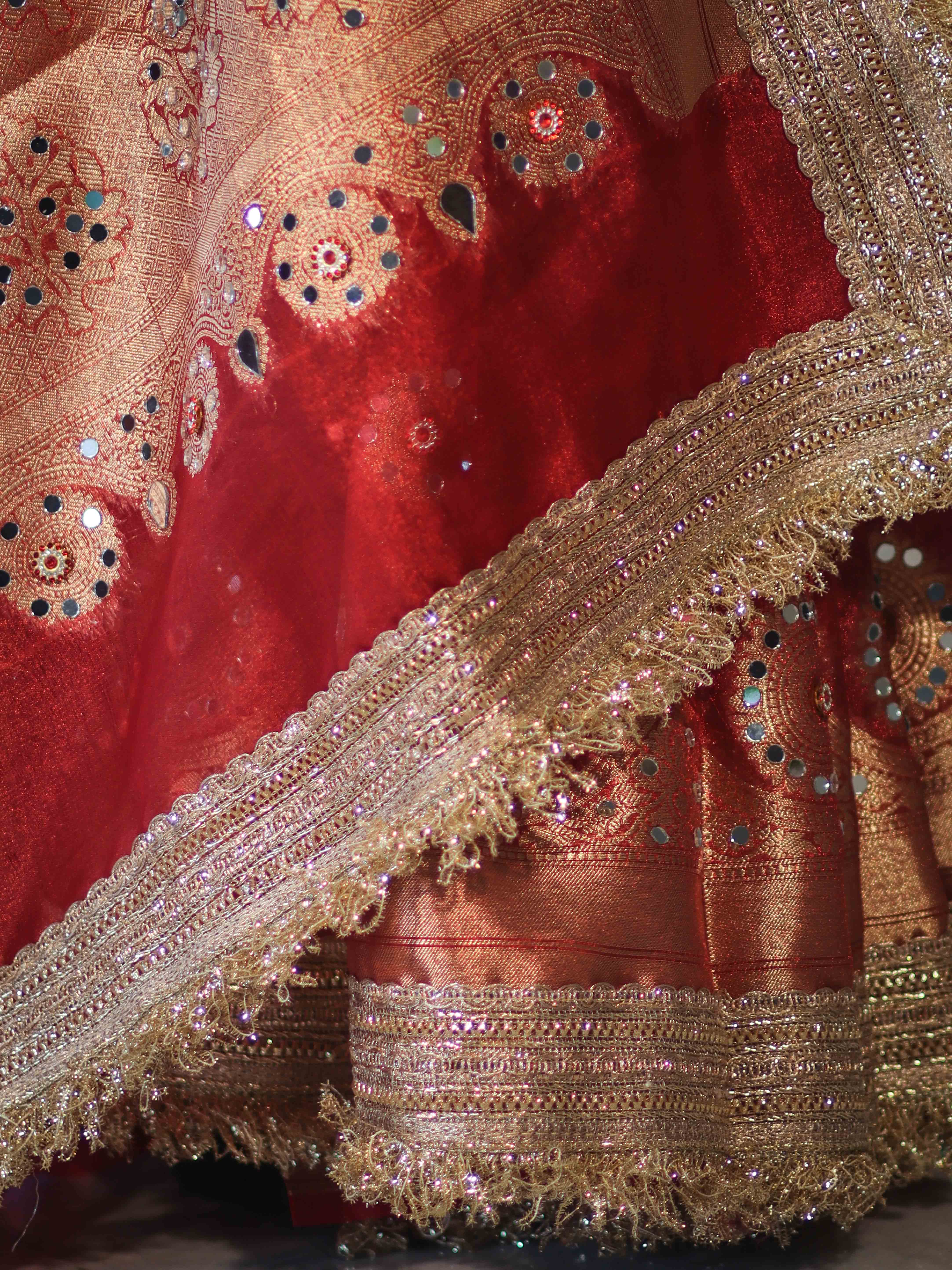 Banarasee Tissue Saree With Hand Embroidered Mirror Work Pearl Motifs & Zari Woven Pallu-Red