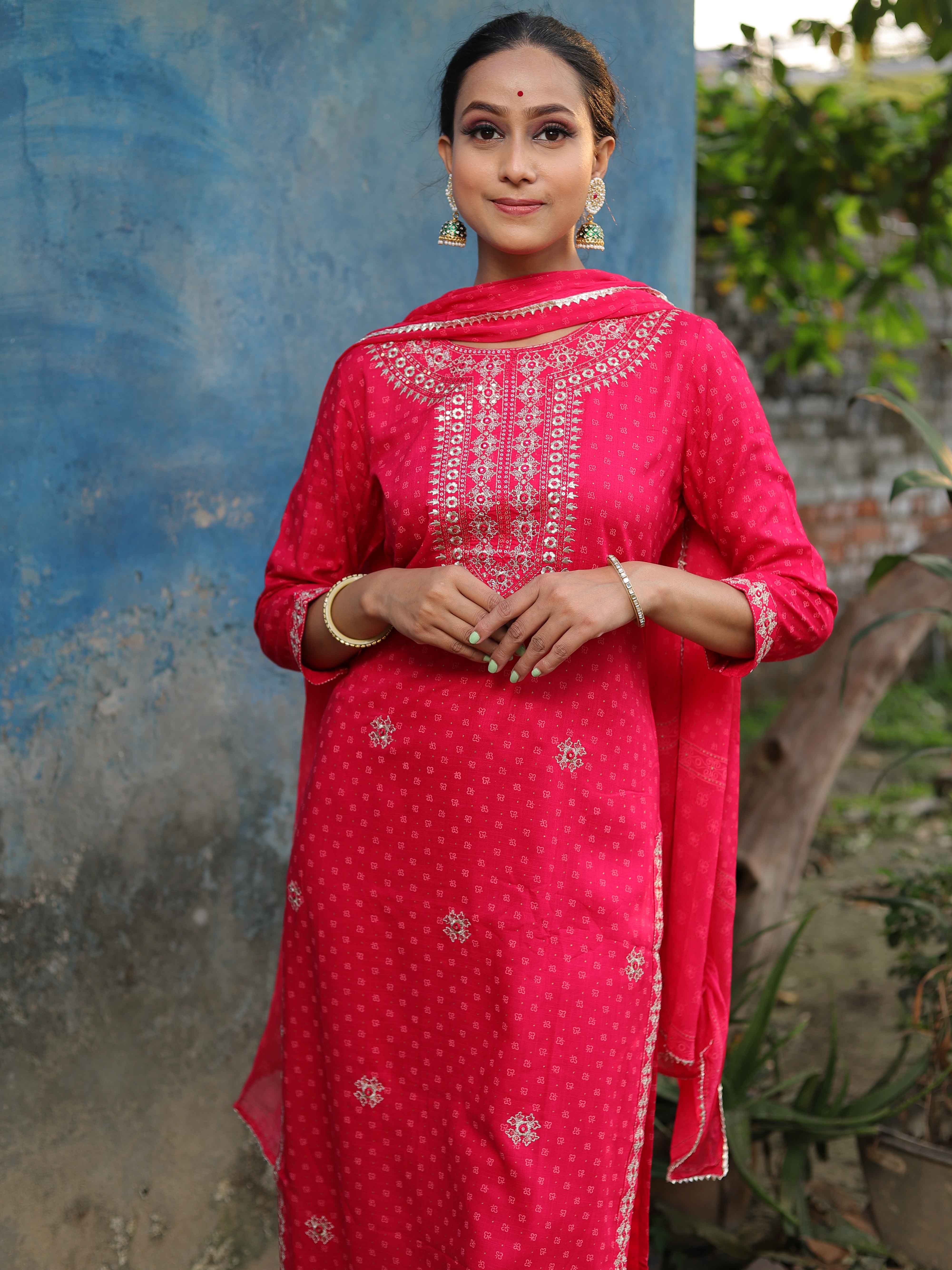 Banarasee Rayon Kurta Pants With Chiffon Dupatta Suit Set-Pink