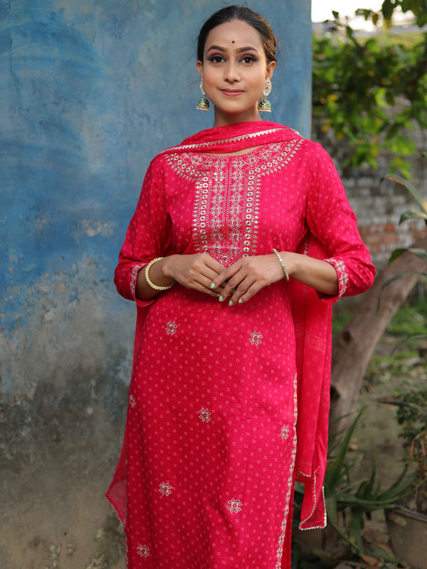Banarasee Rayon Kurta Pants With Chiffon Dupatta Suit Set-Pink